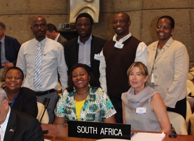 Mr Teboho Leku (Deputy Director, Gauteng Department of Agriculture and Rural Development); Mr Vongani Maringa (Assistant Director, Dept. of Environmental Affairs); and Mr Siyabonga Dlulisa (Deputy Director, Dept of Environmental Affairs) and Ms Kgomotso Rahlaga (Counsellor multilateral agreement Embassy of South Africa in France).