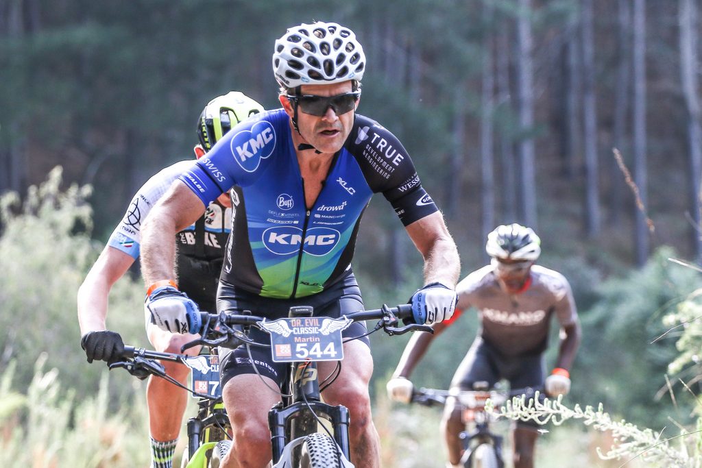 Martin Schuttertt, the general classification leader of the BUCO Dr Evil Classic, sets the pace for Matthew Leppan and Siphe Ncapayi on Stage 2. Photo by Oakpics.com.