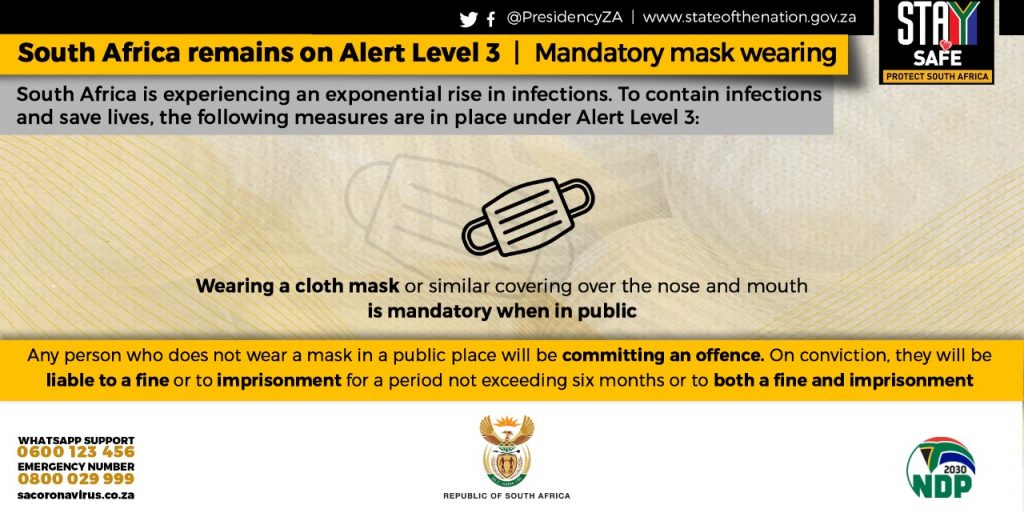 Wearing of masks in public is mandatory under Alert Level 3 in South Africa