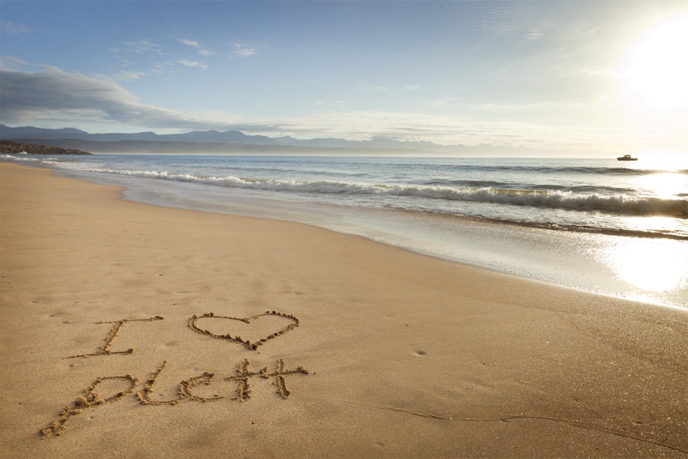 "I Love Plett" written in the sand on Plett's Central beach