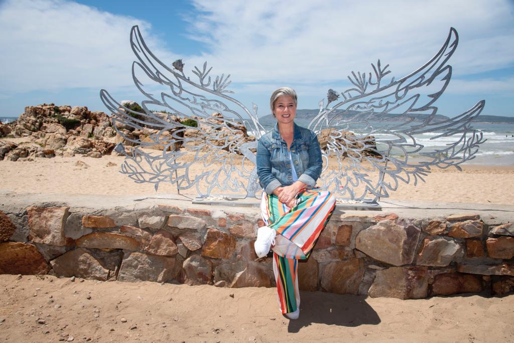 Plett Tourism CEO Patty Butterworth on Robberg Beach with Sabrina Love Angel Wings