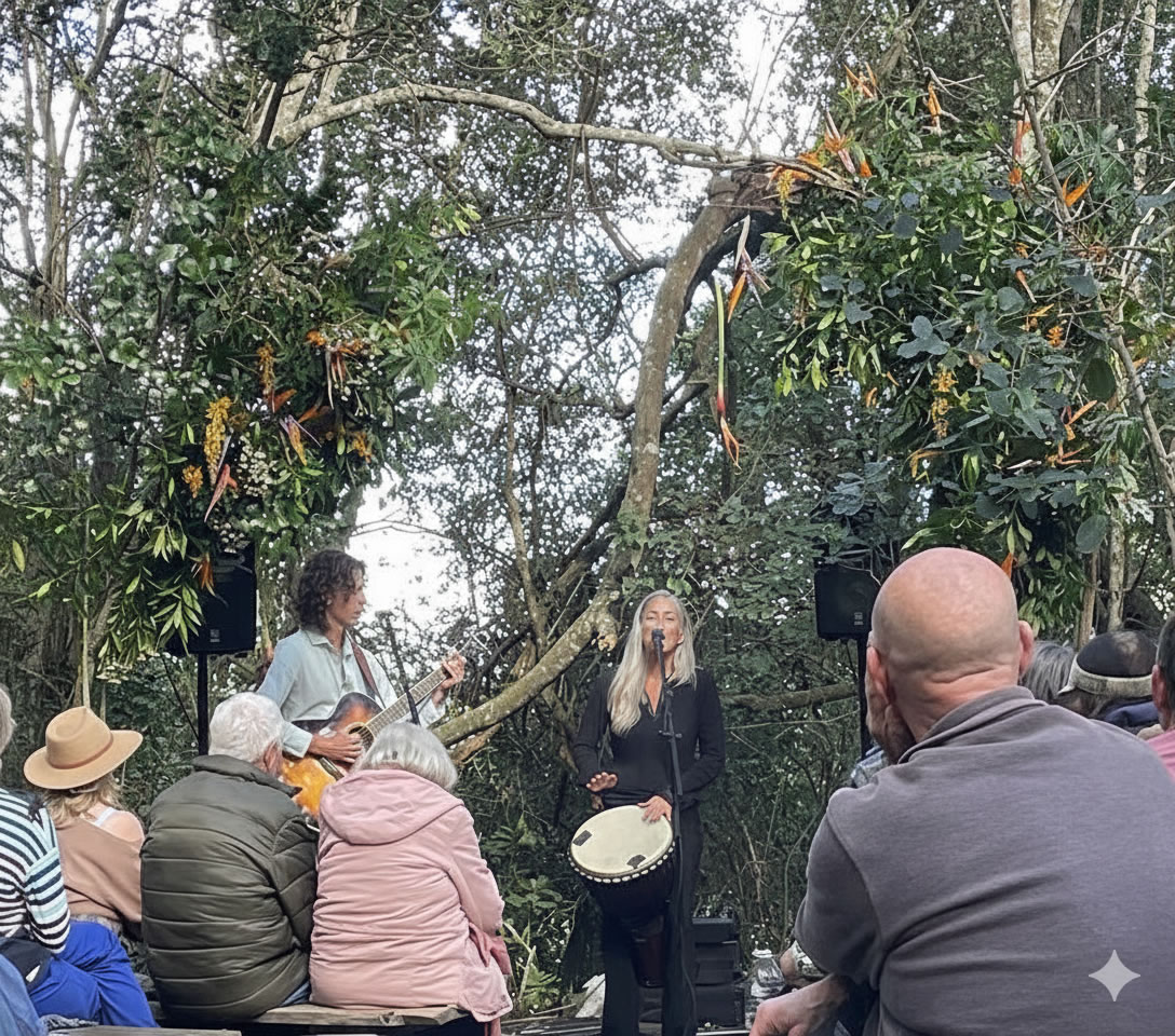 Wendy Oldfield performs in the forest at Bronze Fields Sessions